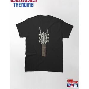 Rock On Guitar Neck Skeleton Hand Sign Amp Roll Band Tees Tshirt Classic